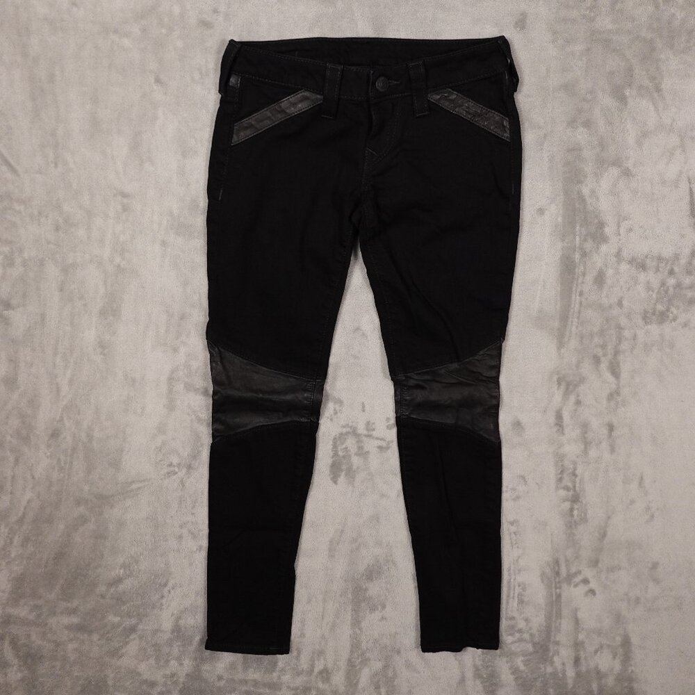 True Religion Moto Jeans Size 27 – Black Stretch Denim‎ with Faux Leather Panels